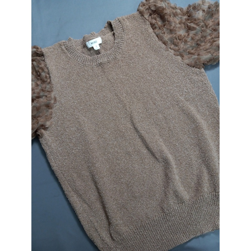 Mine Women Tan Knit 3D Floral‎ Applique Puff Sleeve Sweater Top Size Small